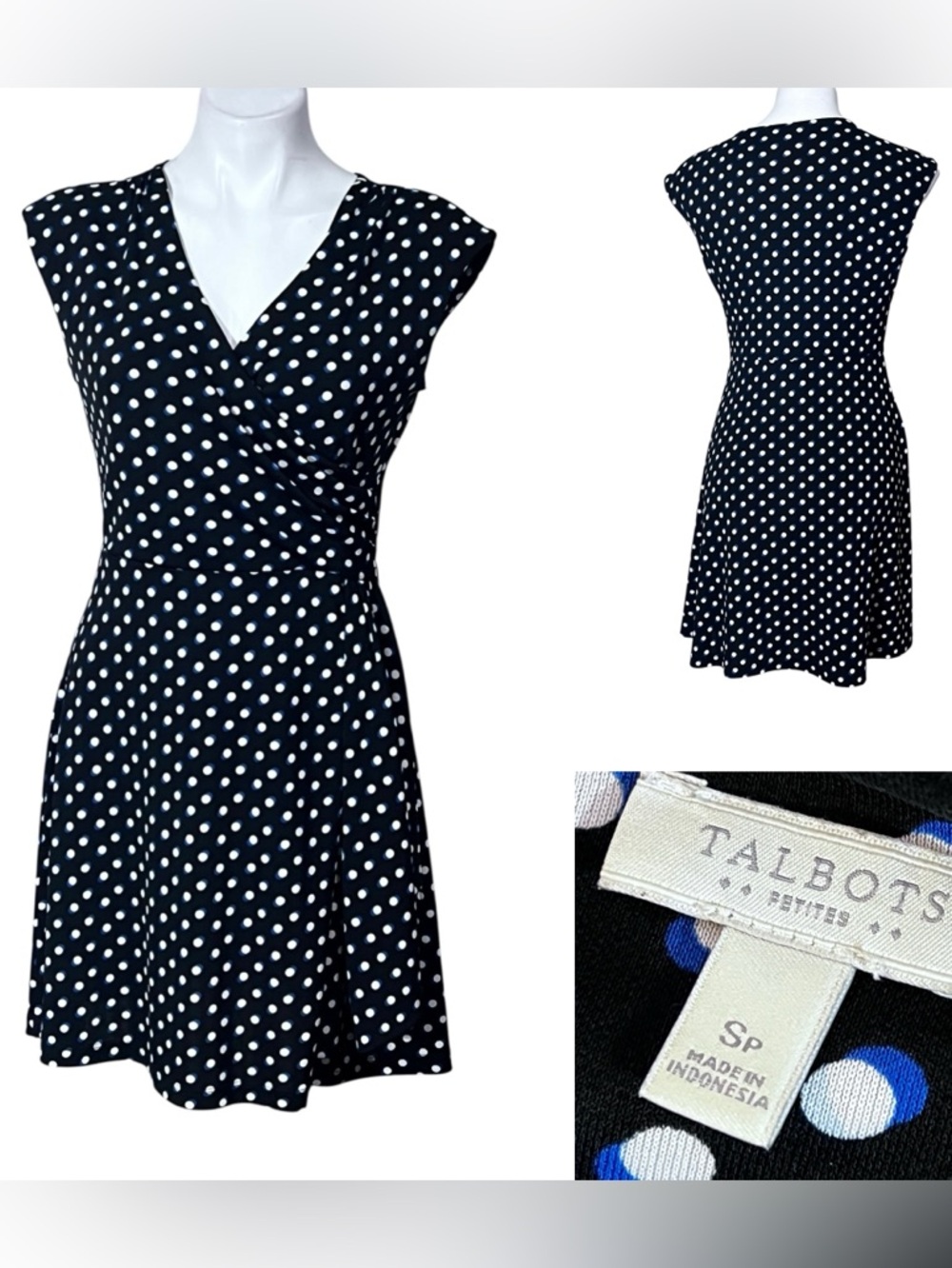 Talbots dress Sp Black/blue White Polka Dot faux Wrap office‎ church business